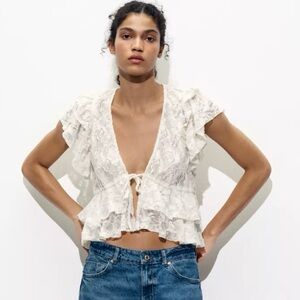 Zara Lace Top Size Small Off White Tie Up Coquette NWT